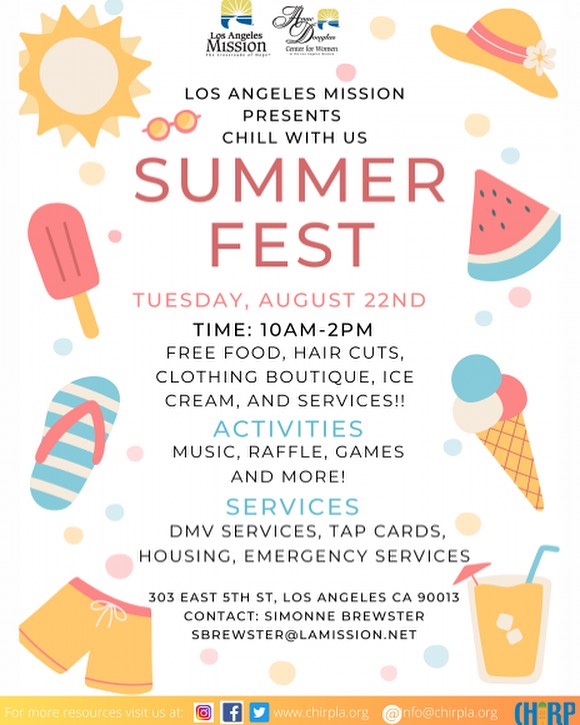 Los Angeles Mission invites you their Summer Fest for family fun, services, and resources. ☀️
📅 When: August 22, 2023
✅ See flyer for details.
 
#communityresources #communityfun