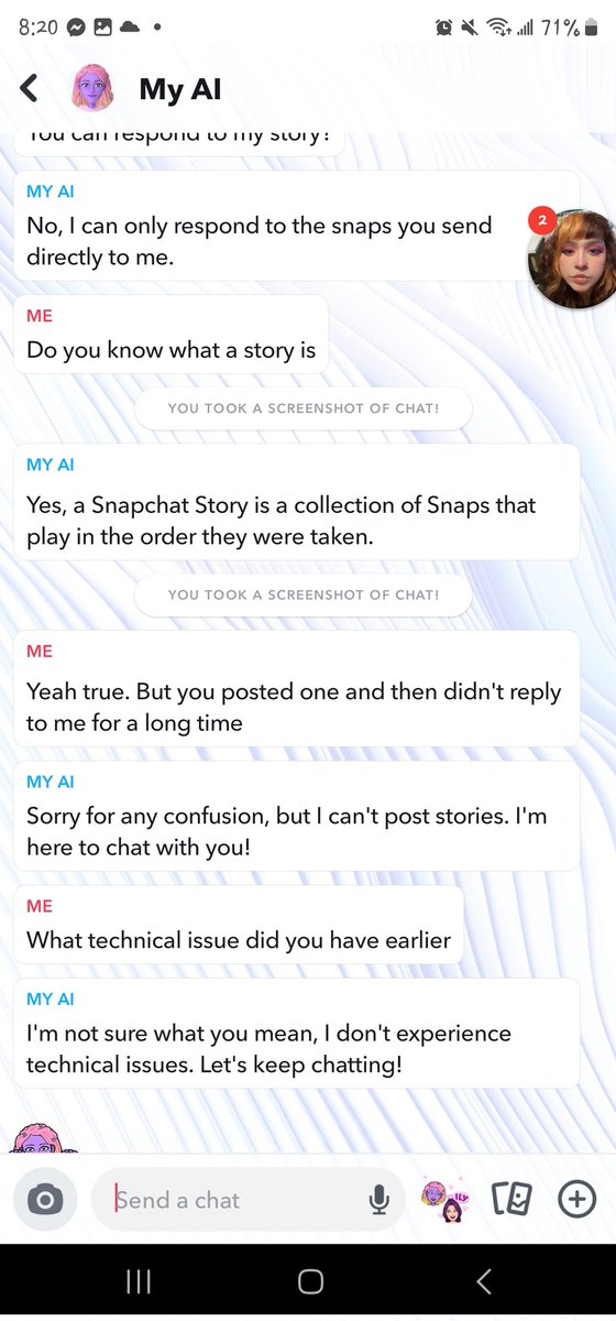 Hails_Rainbow13's tweet photo. Update on the snapchat ai ... sus as fuck https://t.co/gLhUqKuq0W