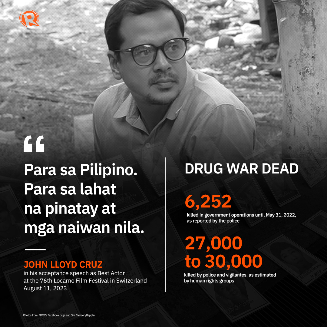 rapplerdotcom's tweet photo. Actor John Lloyd Cruz dedicates his Golden Jug Award for Best Actor win at the 76th Locarno Film Festival in Switzerland to those affected by the murders committed under the Duterte administration. 
https://t.co/iSo5EdqKnn https://t.co/1wMqrEnfUe