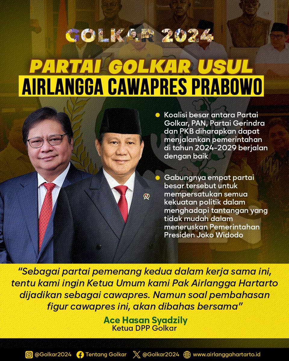 TentangGolkar's tweet photo. Sebagai partai terbesar nomor dua di Pemilu tahun lalu, Partai Golkar mengusulkan Ketum Airlangga untuk menjadi cawapres Prabowo. https://t.co/ExN0i1XR5Y