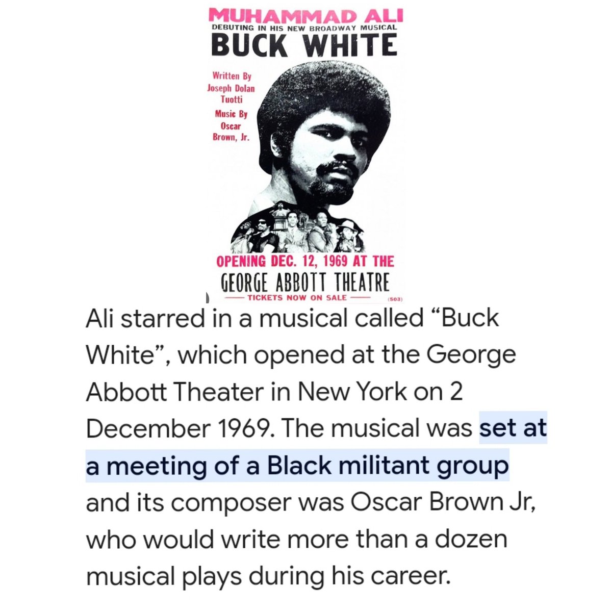 HarryO1975's tweet photo. @DFiosa @angelaw676 @_RaeTheMartian_ @ARTESIA13 @Asim_the_Great @BeeSaysPolitics @GeneralNikkiX @Seba_Fuslalucho @smaddoxsr @kingAle30068828 In 1969, when #MuhammadAli was still banned from #boxing, he starred in a musical called #BuckWhite. https://t.co/RpMAxpwoY7