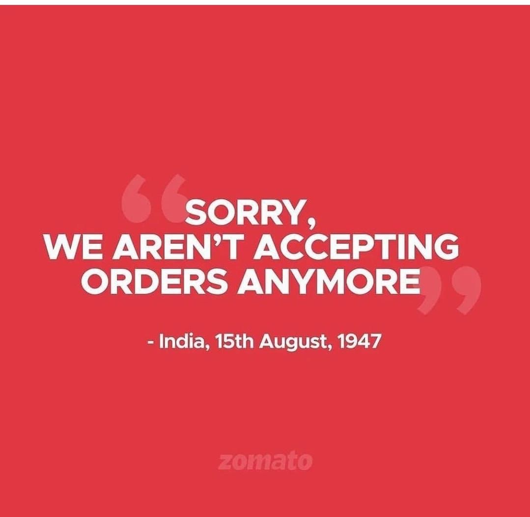On this Indian Independence Day, I was keenly on the lookout for Moment #Marketing and was not surprised that <a href="/zomato/">zomato</a>  has again seized the initiative.

#momentmarketing