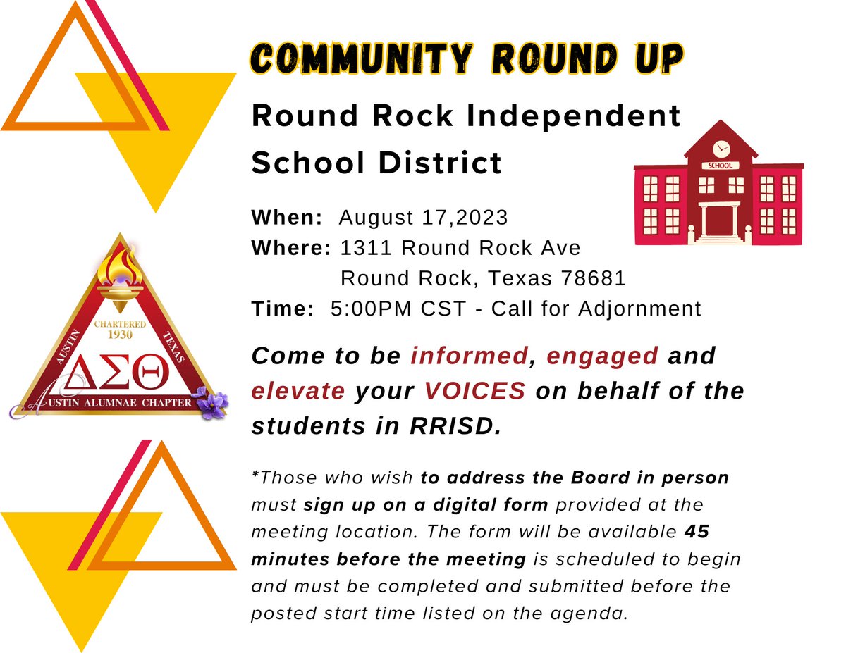 Austin Alumnae Chapter of Delta Sigma Theta Sorority Inc. encourages members of the community to attend the Round Rock School Board meeting. Details can be found by visiting  roundrockisd.org/about-rrisd/bo… 
Come be informed &amp; elevate your voices.
#DST1913 #DSTATX1930 #DSTATXSocialAction