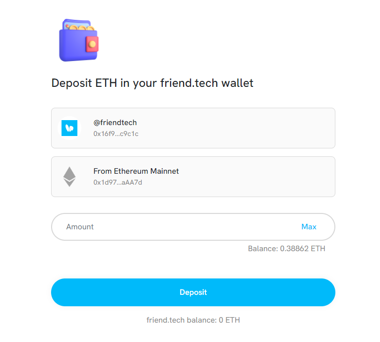 We just made it easier to fund your in-app wallet from Ethereum mainnet with our new UI for @BuildOnBase's official bridge.

Visit friend.tech/deposit on any device and with any web3 wallet, and you'll be able to fetch your account and deposit in a few clicks
