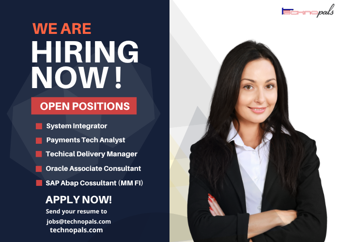 TechnoPals's tweet photo. We are hiring! Send your resume to jobs@technopals.com OR come visit us at https://t.co/y8lLNOf6ND for more information. Do share around with your network! #jobhiring #jobpost #hiring #hiringalert #systemintegrator #paymenttechanalyst #technicaldeliverymanager #oracle #technopals https://t.co/ERyfXA1Aal