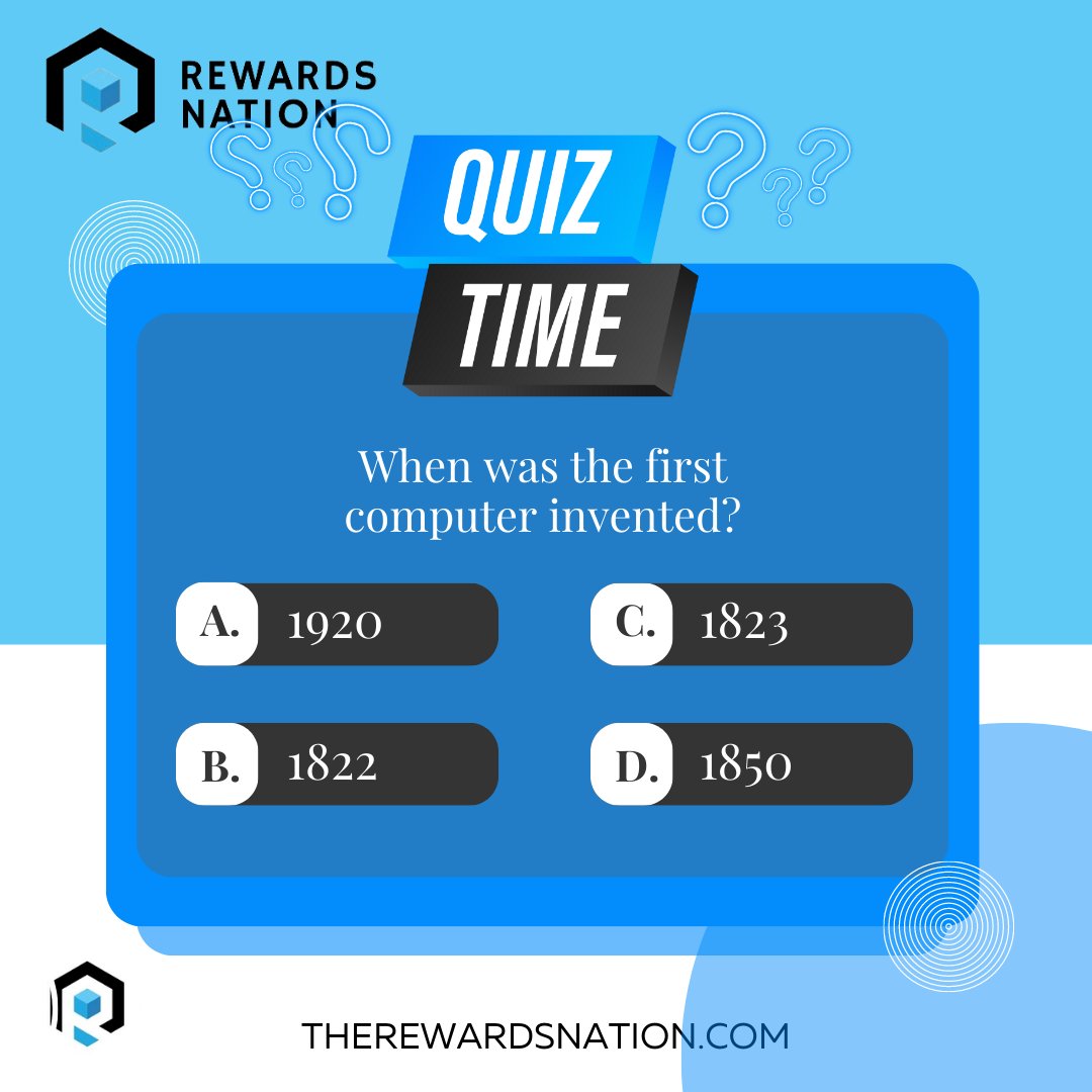 rewards_nation's tweet image. When was the first computer invented?

a. 1920
b. 1823
c. 1822 
d. 1850

Comment Down

.
.
#quiz #compition #earningmoneyonline #earning #therewardsnation #onlinesurvey #marketresearch #computer #invented