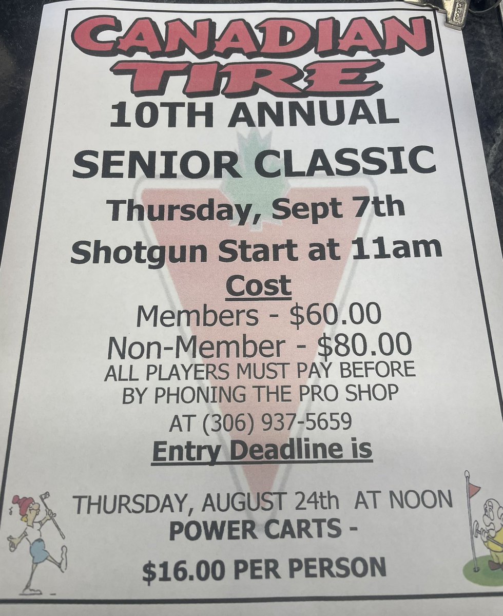 The 10th annual Canadian Tire Senior Classic returns September 7th! ⛳️ 

See details below and give our Pro Shop a shout at (306)937-5659 before August 24th at noon to get registered! 🗓️
