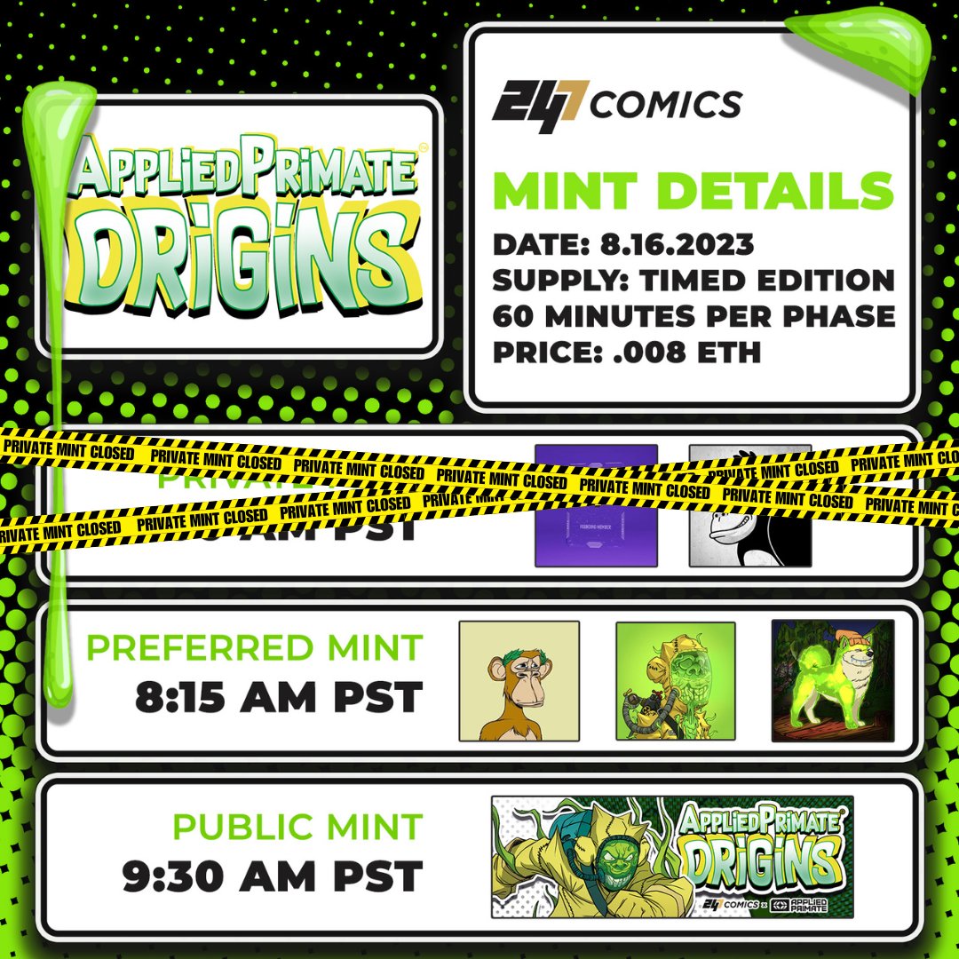 Preferred Mint is here! You've got 1 HOUR to secure any remaining limited edition variants of @AppliedPrimate Origins before the lab doors close! 📚 👥 BAYC, MAYC, BAKC @BoredApeYC Minting only at 247comics.com/mint-apo ⚡