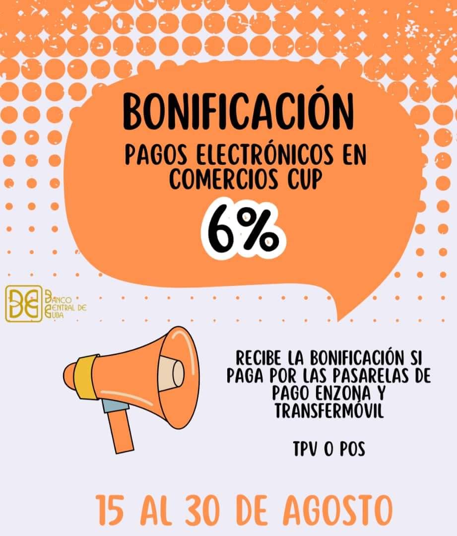 Podemos ahorrar dinero con la bonificación del 6% q ofrece el <a href="/BancoCentralCub/">Banco Central de Cuba</a> si realizamos los pagos a través de las sigts opciones:
👉🏻Pago en línea desde Transfermóvil 
👉🏻Escaneo QR desde Enzona
👉🏻Al utilizar los Terminales de Puntos de Ventas (POS), para operaciones en CUP.