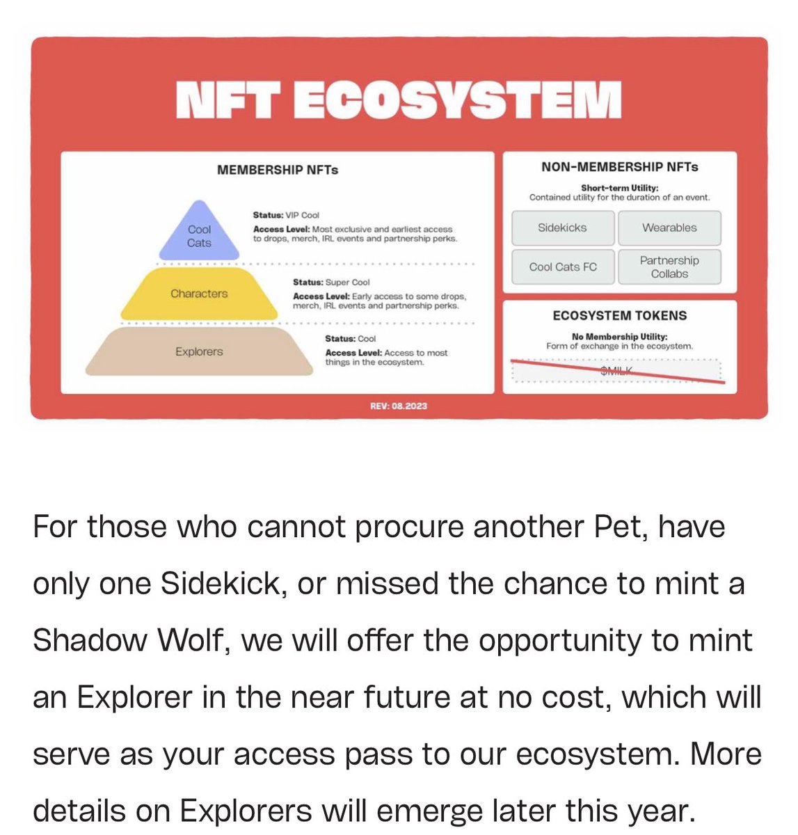 Singular Cool Pets Will become Explorers (free mint) As part of Evolution Those are membership NFTs TLDR: CP are not cancelled, read the lite paper clearly folks! 🫡👀💛 @coolcats