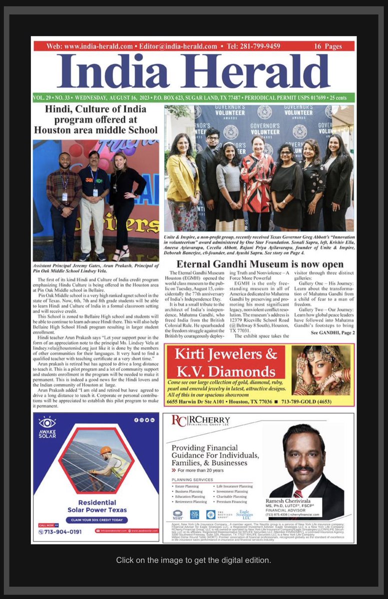 Pin Oak Middle School ~ Premier Foreign Language Magnet has just been recognized by the India Herald 081623 for offering Hindi at the middle school level! We are grateful and excited to welcome #MrPrakash to the Charger family! #WeArePinOak #MagicHappensHere #ProudPrincipal