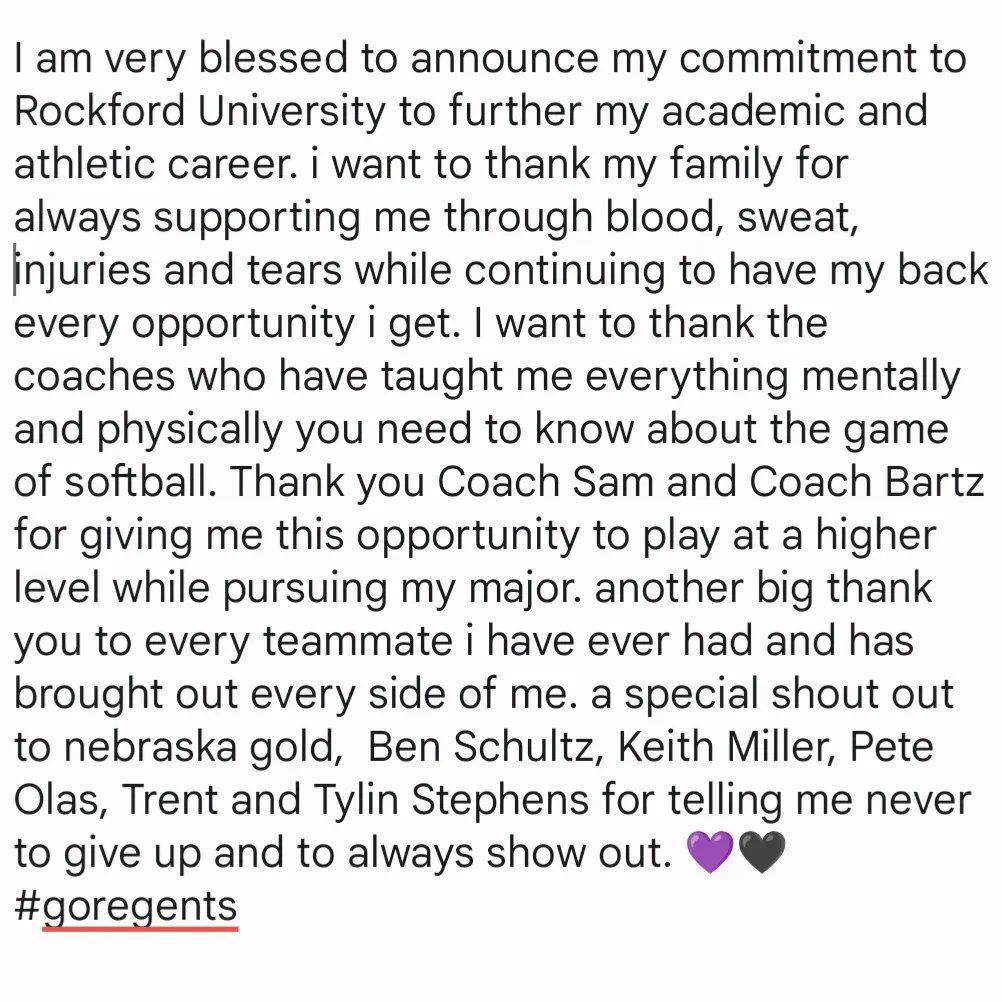 Thank you Rockford University for giving me this opportunity to play at a higher level 💜🖤
<a href="/nebraskagold816/">Nebraska Gold 816 Schultz</a> <a href="/coachsamkorn/">Sam Korn</a> <a href="/bartz_annaka/">Annaka Bartz</a> <a href="/NebraskaGoldOrg/">Nebraska Gold SB</a> <a href="/regent_softball/">Rockford University Softball</a>