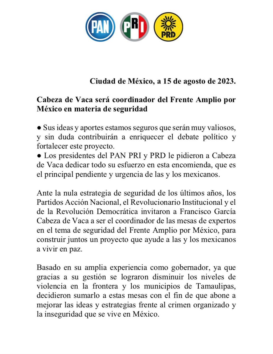 alitomorenoc's tweet photo. Les comparto que @fgcabezadevaca ha aceptado la invitación para encabezar los trabajos de la Mesa de Expertos en materia de Seguridad del Frente Amplio por México.

Confiamos en que su experiencia como gobernador y los resultados de su gestión en este importante rubro le permitirán aportar grandes puntos de vista en la construcción de una estrategia que brinde paz a la vida de las familias mexicanas.