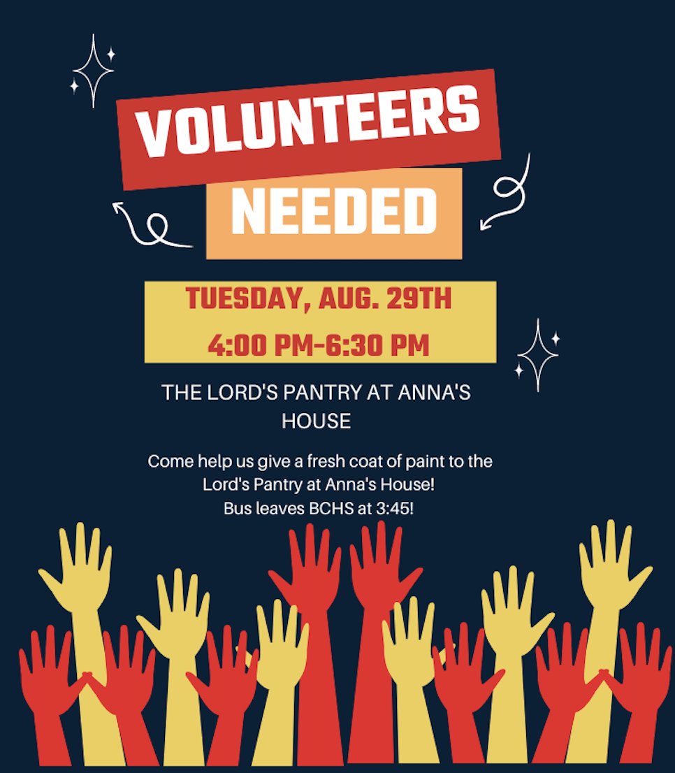 Volunteers needed! Pack you work clothes and come help us give the Lord's Pantry at Anna's House a fresh coat of paint! Bus leaves BCHS at 3:45 sharp!