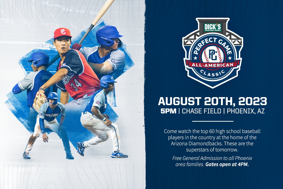 ChaseField's tweet image. The @PerfectGameUSA All-American Classic is coming to Phoenix!

Swing by the ballpark this Sunday to catch some of the country's top young talent. Admission is free and gates open at 4pm!