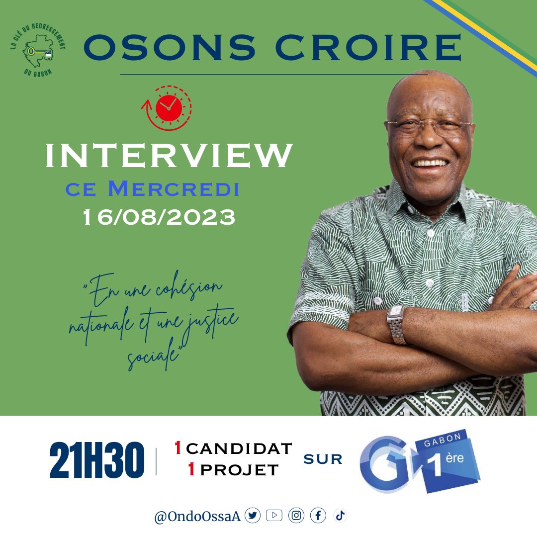 Retrouvez-moi ce mercredi 16/08/2023  ici : 

1- L’espace de discussion Space organisé pas <a href="/Sambaa241/">Samba241</a> à 19:45.
2- L’émission « 1 candidat, 1 projet » sur Gabon première <a href="/tvgabon24/">Gabon24</a> à 21:30

#gabon23 #Gabon2023 #gabon #gabonaise #gabonais