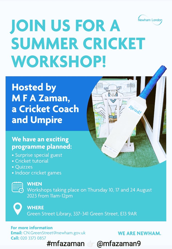mfazaman9's tweet photo. Let's #Play #Cricket 🏏
A Summer Cricket Workshop With #mfazaman, Cricket Coach &amp; #Umpire   Enjoy tutorials, quizzes, indoor games, and a surprise guest 🏆🌞
Join us on August 10, 17, 24 11am-12pm, at @NewhamLondon 
#Volunteer @ECB_cricket @ITV #Hope
@HomeOfCricket @BBCLondonNews https://t.co/km5UqkmKAa