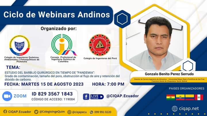 ColegioIngeQuim's tweet photo. ✅  Ciclo de Webinars Andinos:   "Director de Carrera Ingeniería de Alimentos -  Universidad Mayor Real y Pontificia de San Fran Francisco Xavier de Chuquisaca- Sucre -Bolivia"
Dictado por:
Gonzalo Benito Perez Serrudo https://t.co/Rs3q4HASqX