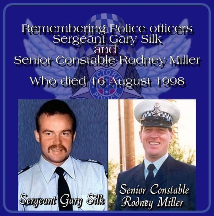 RV_27's tweet photo. 25 years ago today 😢
Remembering Police officers Sergeant Gary Silk and Senior Constable Rodney Miller Who died in Cochranes Road, Moorabbin, Victoria, Australia on 16 August 1998.
#RIP 💔
#VicPol 👮🏻♂️👮🏼♂️🚓🚔🚨
#VictoriaPolice
#ThankYouForYourService #TPAV https://t.co/ujAeX1TZME