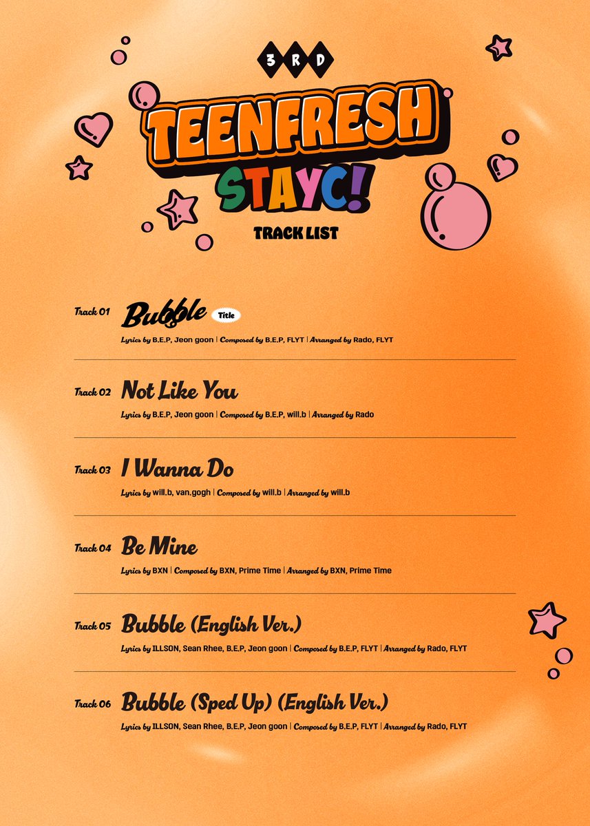 Mini album ketiga STAYC hadir bagai hembusan angin segar dalam melodi enam cerita. Sorotan utamanya, “Bubble”, menggebu dengan kesegaran yang menular, mengajak jiwa berdansa dalam keceriaan seperti minuman soda berperisa jeruk. 🍊🫧