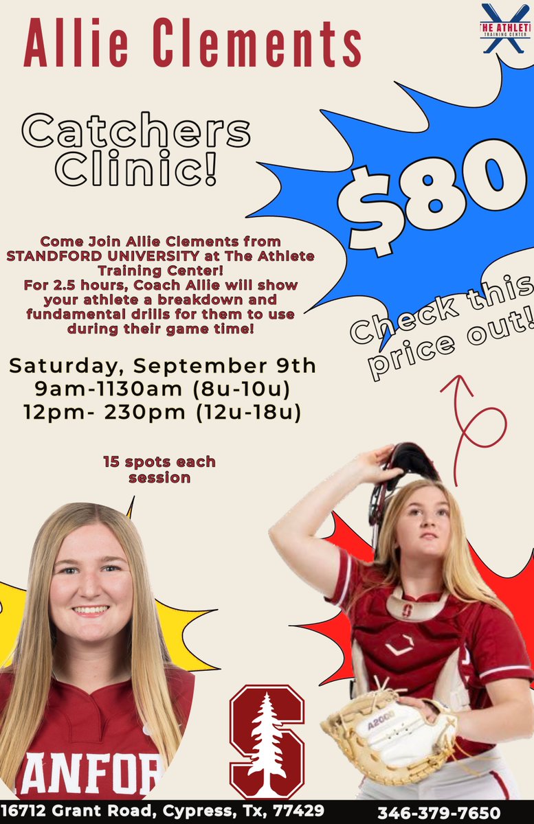 CATCHING CLINIC! Com Join Allie Clements from Standford University for a one day Catching Clinic on Sept. 9th! 2 Sessions available for specific age groups! 15 spots available for each session Reserve your spot today at theathletetrainingcenter.com or call 346-379-7650