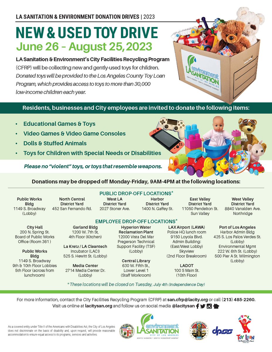 DPSS &amp; <a href="/LACitySAN/">LA Sanitation & Environment ♻️💧🌳</a> kindly invite you to donate new &amp; used toys for the DPSS Toy Loan program 🧸🪀🎮
📅 When: Now through 8/25/23
✅ See location drop offs in flyer

Donations will help replenish toys recently lost during a fire at our Toy Loan Headquarters. Thank you in advance.
