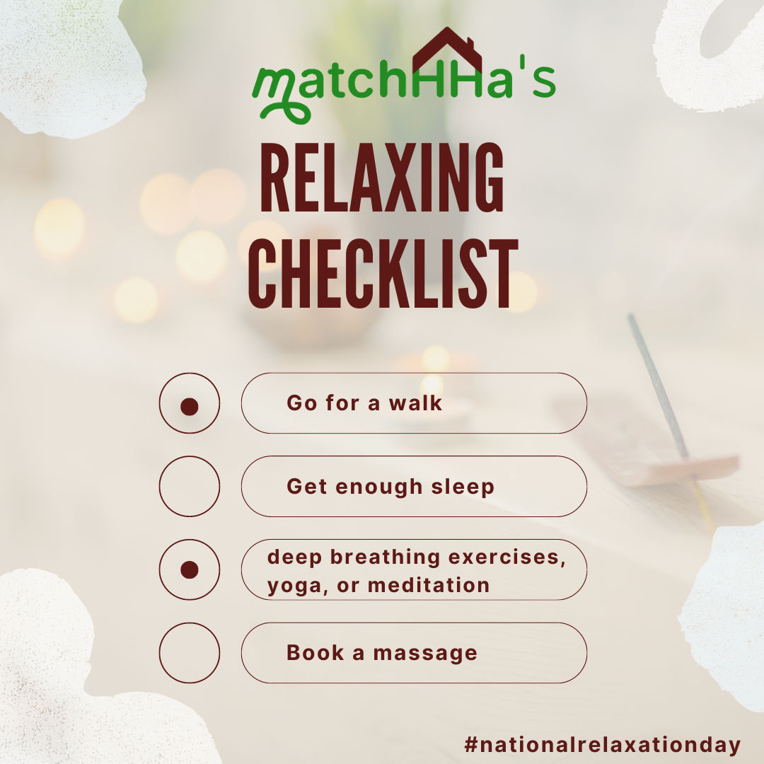 matchHHA_app's tweet photo. Relaxation is a must in order to thrive! Take some time out today rejuvenate and reconnect with yourself. 
#NationalRelaxationDay #TimeToChill #LetsRelax #tipoftheday #tips #tipsforcaregivers #caregiver #caregiverburnout #burnout #homehealthcare #homehealth #rn #lvn #chha #ot #pt https://t.co/2bvetQncBz