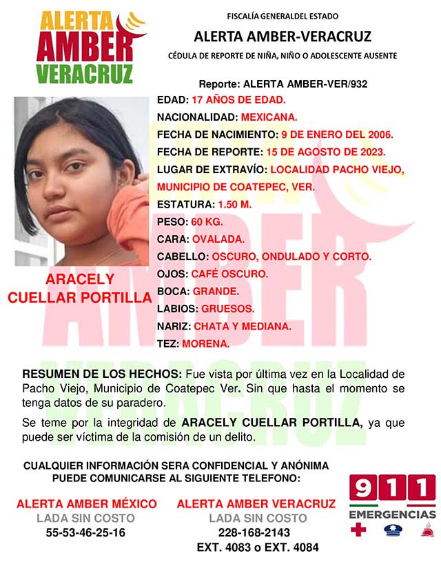 alcalorpolitico's tweet photo. #AlertaAmber🚨| Se solicita de su colaboración para la búsqueda de Aracely Cuellar Portilla de 17 años de edad, quien fue vista por última vez en #PachoViejo, #Coatepec. Se teme por su integridad. 
#ChécaloEnAlCalor https://t.co/7oztqJjEiM
