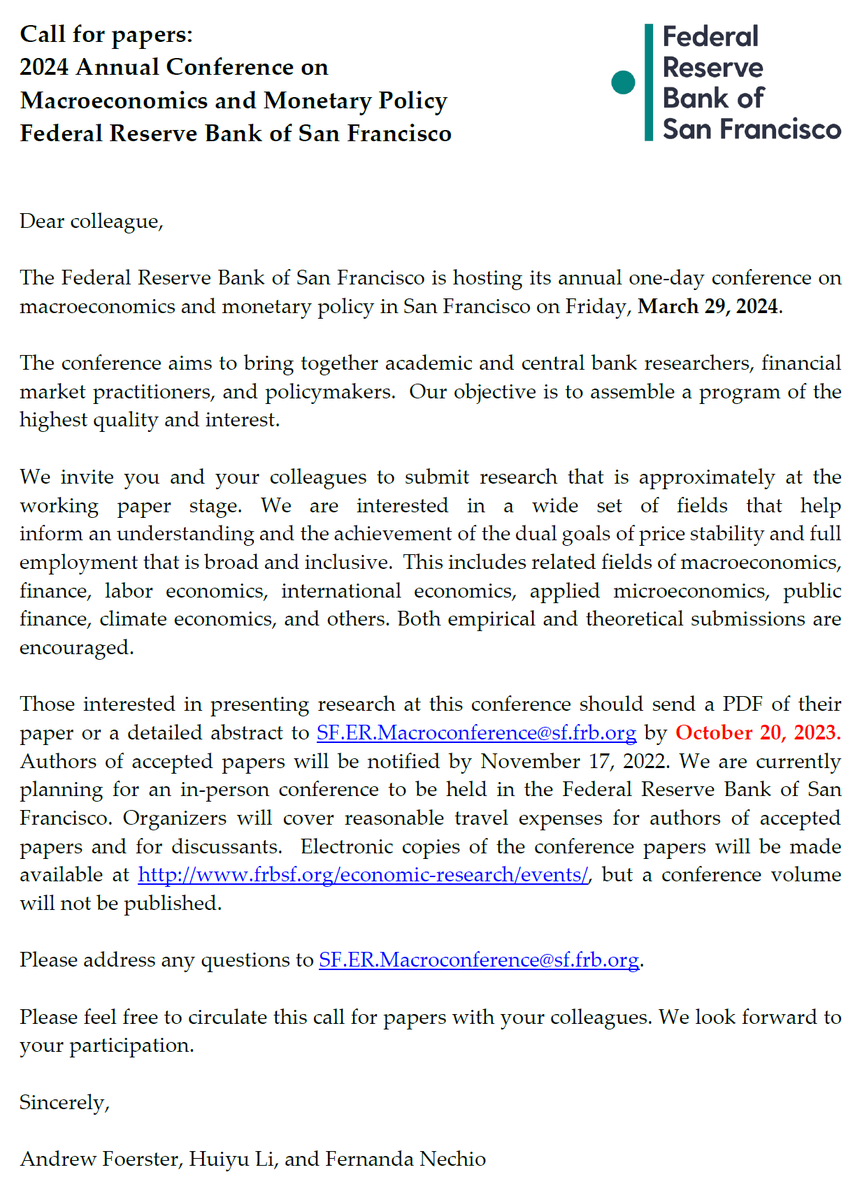 Call for paper: SF Fed Macro and Monetary Policy Conference March 2024