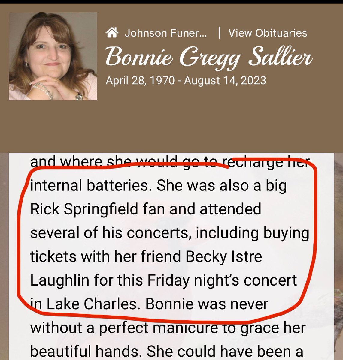 astrogini's tweet photo. @rickspringfield Bonnie was one of your biggest fans and lost her battle with cancer before she could see you one last time.  Becky is bringing Bonnie’s daughter Megan to the concert to celebrate her life, and it would be awesome if y’all could do something for her. @LAubergeLC https://t.co/aoOwJ8Bkxl