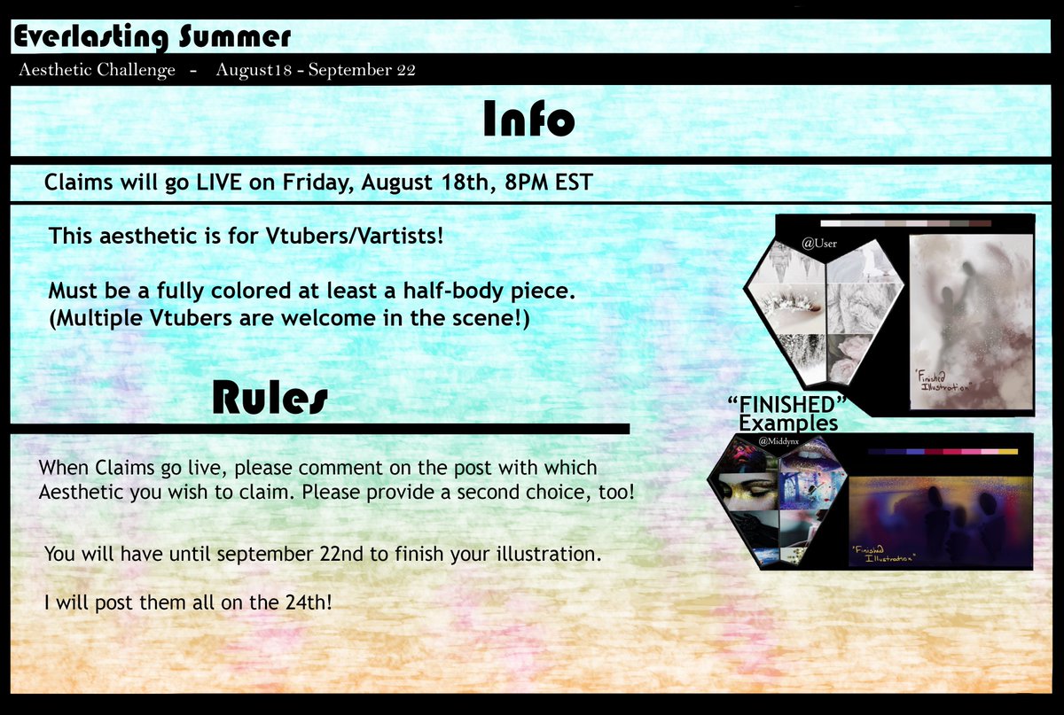 MiddynxVt's tweet photo. ✨Would love to meet some fellow Vartists~ 🥺
Here is a cute lil challenge!  Will you join me~?💖

 { ✨🍹Everlasting Summer Challenge 🍹✨ }

‼️Claiming will go LIVE this Friday! (AUG 18th, 8PM EST)

[ #Vtubers ★ #ENVtuber ] https://t.co/nsei0rPLqO