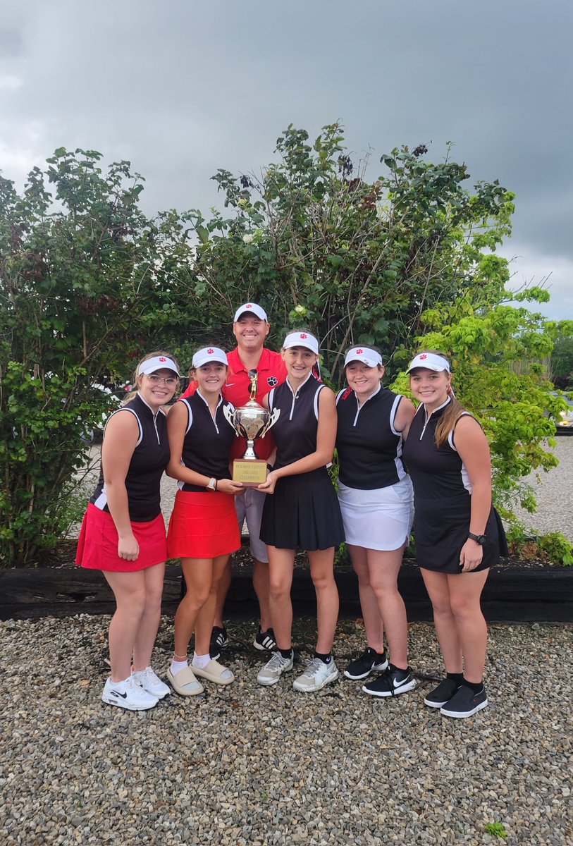 CirclevilleGolf's tweet photo. 🏆🏆Pickaway County Tournament Champs after firing a new 18 Hole Program Record 🚨 of 348! Elaina claimed medalist honors with a superb 72, followed by Izzy at 88, Isabelle 90, &amp; Lis a new career-best 98!!! Our 3rd Tournament Title of the season!! ⛳️🏌‍♀️🐯💪 https://t.co/TtWNDi7Qk1