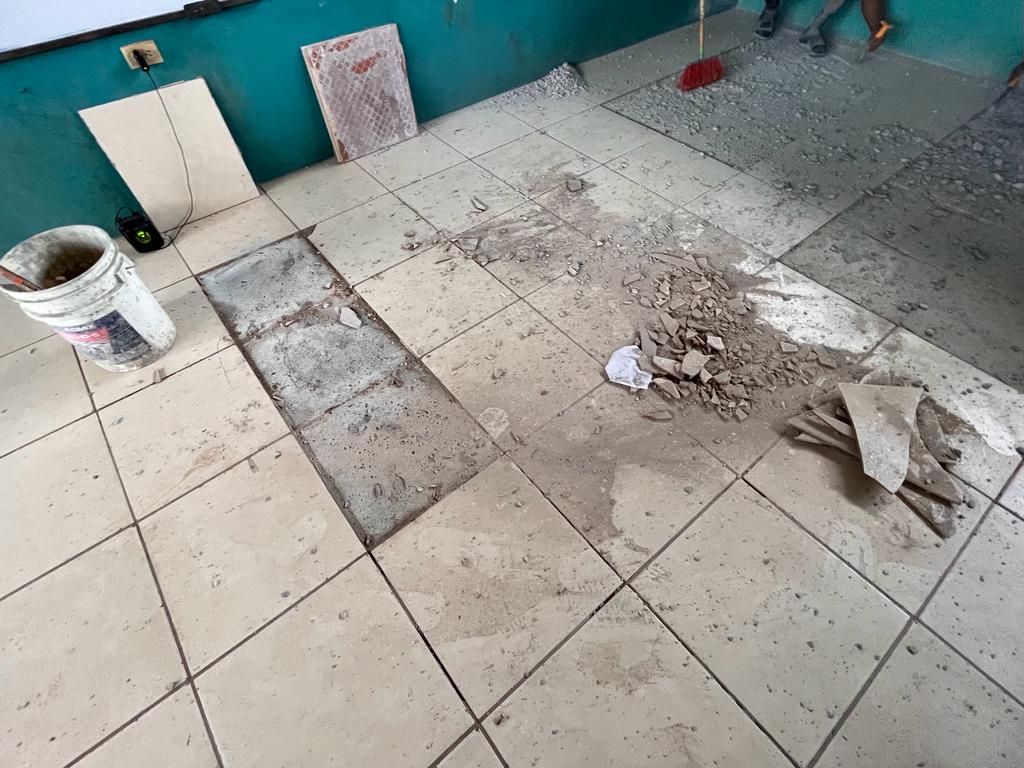 nozbeka's tweet photo. TILE REPAIR PROJECT UPDATE #1 Tile work repairs on the schoolhouse were started this past weekend. The goal was to replace the broken tiles in the classroom. We were able to purchase 44 tiles, 2 cement bags, and 11 lbs of grout with GoFundMe. https://t.co/jmxlzhsnGE https://t.co/ceuy4s6Sy9