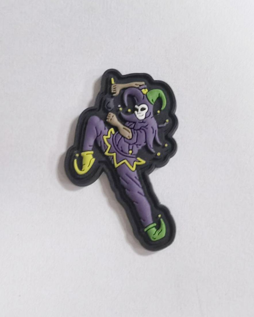 thenecromaker's tweet photo. Sanguine Jester PVC mini patches are coming to the site, as part of a patch/sticker set. These stand about two inches tall, and the PVC stands up super well to daily wear. https://t.co/W40sgmJAhD
