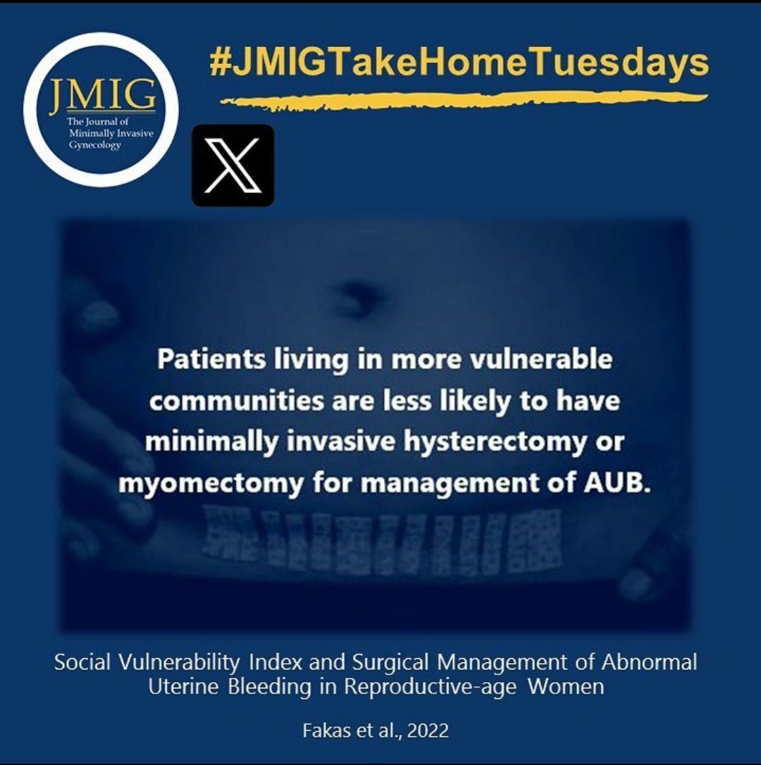 Just us for #JMIGjc starting tomorrow and Thursday! @AckertKathleen is hosting and will be discussing this study by Fakas et al. from Social Vulnerability Index and Surgical Management of Abnormal Uterine Bleeding in Reproductive-age Women jmig.org/article/S1553-…
