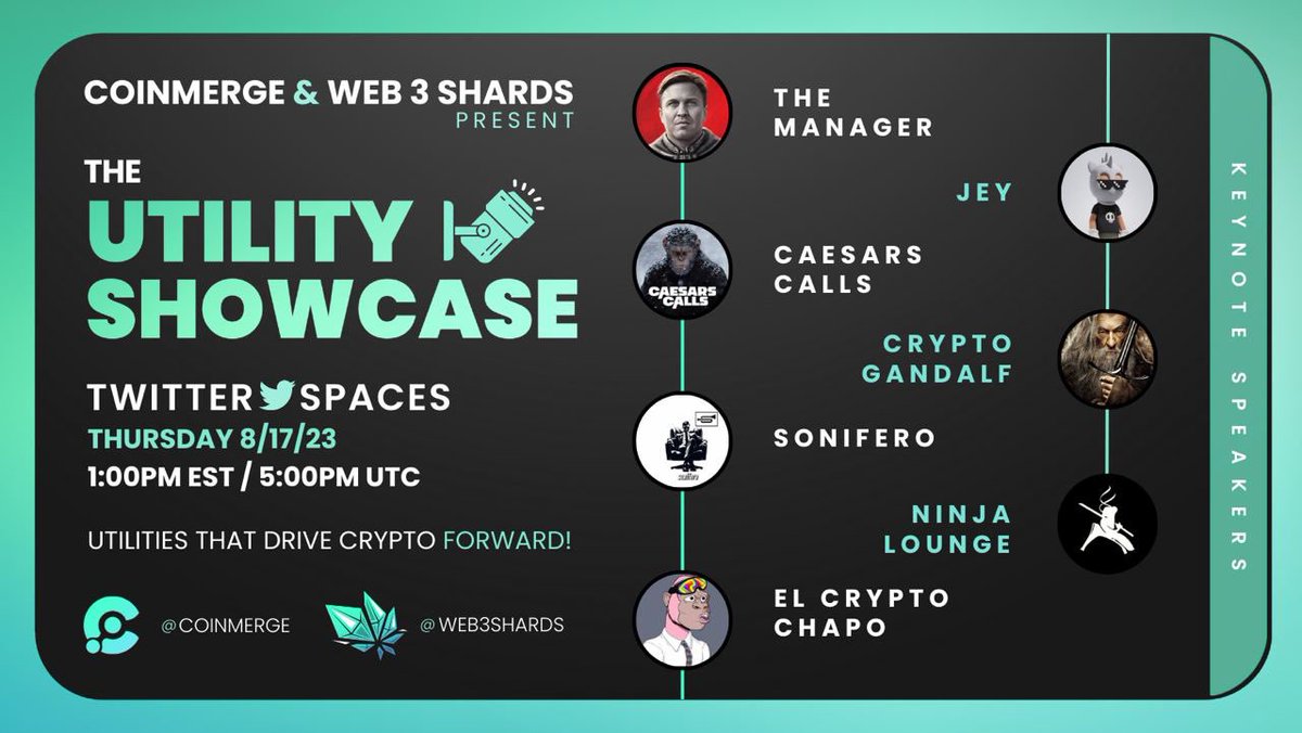 📢Web3Shards.io Presents Utility Showcase!

💥⭐️Panel
💥5Min Slots
💥#Web3 Utility 🔎

Ready to ShowCase?

✅Follow
<a href="/Web3Shards/">Web3Shards.io</a>
<a href="/CaesarsCalls/">David Grokenshtein</a>
<a href="/El_Crypto_Chapo/">Chapo</a>
<a href="/gandalfcryptto/">GandalfCrypto</a>
<a href="/zeerowtax/">.json</a>
<a href="/soniferoHQ/">sonifero🪽</a>
@TheNinjaLounge
<a href="/hagjan/">The Manager</a>
✅Repost
✅Tune In👇
x.com/i/spaces/1OdKr…
