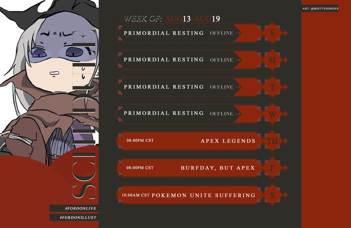 FordonCreo's tweet photo. 【Weekly Schedule &amp; Tags】

Aug 13-Aug 19⚒️💥

It's a lot of apex. Oh and apparently my creation was this week. 

Huh.

Live: #fordonlive
Art: #fordonillust

📅: /Orihimevt (F2U)

#Vtuber #新人Vtuberを発掘せよ #VtuberUprising #ENVtuber https://t.co/wT1NJiY3SO