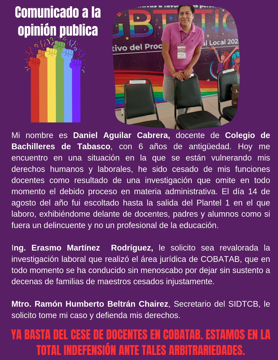Amorosos_alpha's tweet photo. Erasmo Martínez a través de su área jurídica sigue cesando docentes sin el debido proceso administrativo. Ahora tocó a alguien de la comunidad LGBTIQ+ quienes ya están listos para defender los derechos de su compañero. https://t.co/H7bqSPD7OA