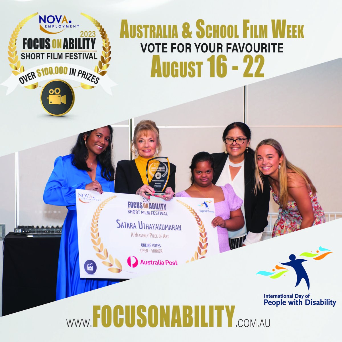 Australian &amp; School Film Week - NOVA Employment's <a href="/FOAFilmFestival/">Focus on Ability Short Film Festival</a> We have a record 309 finalists! Check them out &amp;  vote for your favourite. Also share some love and leave some comments for our film makers and stars, they'd love the support.
focusonability.com.au <a href="/IDPwD/">IDPwD</a>