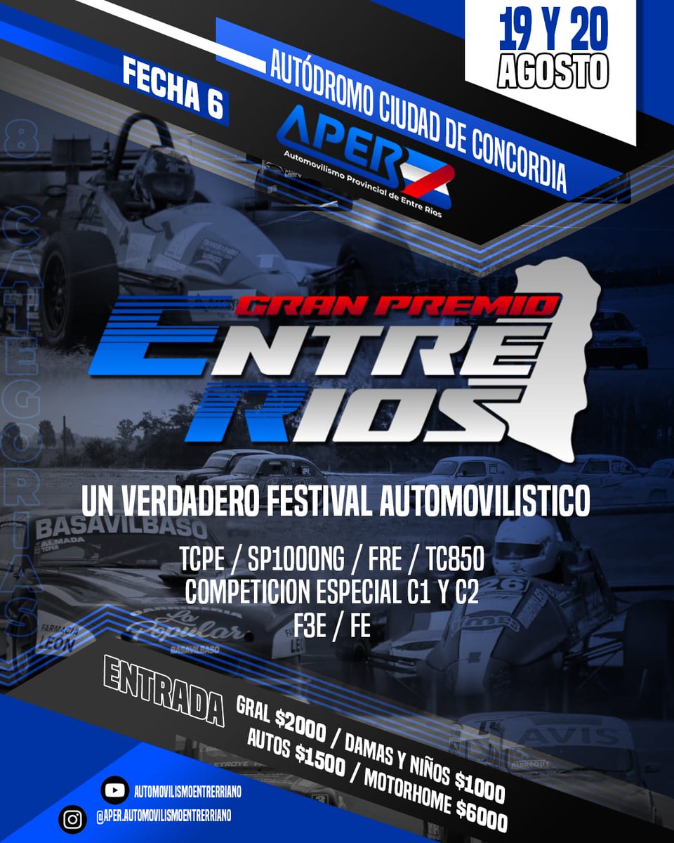 AutodromoConco1's tweet photo. 🏁➡️SE VIENE LA 6ta FECHA DE APER⬅️🏁

🗓️ 19 y 20 de Agosto.

🗺️ Parque Autódromo Ciudad de Concordia - Sitio Oficial.

✔️Valores de entradas: 🎟
💲2000 - Hombres
💲1000 - Damas y menores de 12 años.
💲1500 - Vehículos.
💲 6000 - Motorhome

➡️BOXES GRATIS⬅️ https://t.co/qAvlOFrKFh