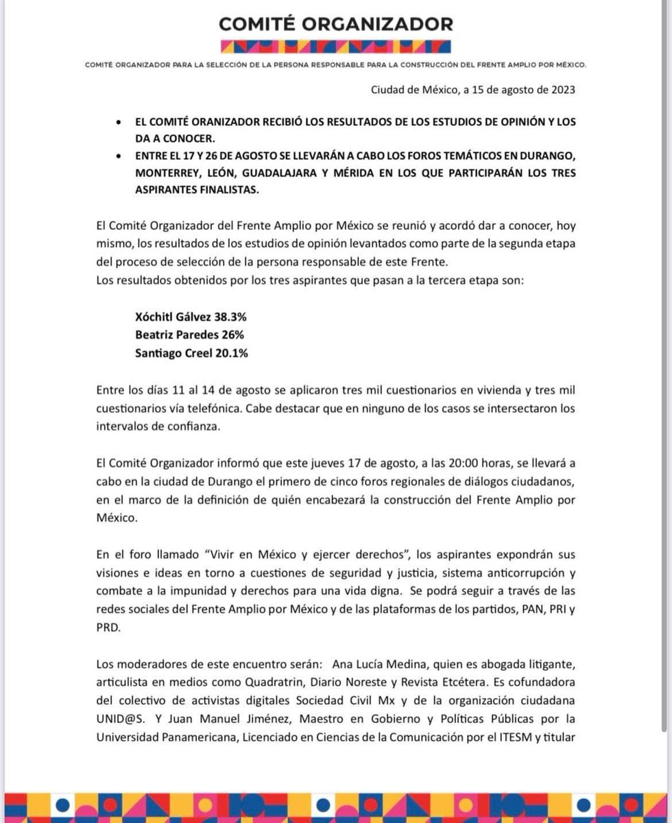 sam6604's tweet photo. Resultados de la Segunda Etapa del Proceso de Selección del Candidato del @FrenteAmplioxMX a la Presidencia de México!!
@BeatrizParedes 
@XochitlGalvez 
@SantiagoCreelM https://t.co/jOPY3YzAAQ