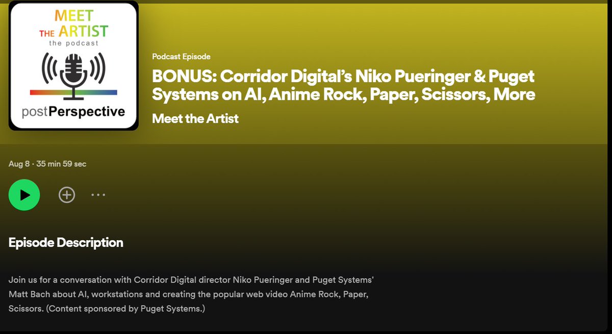 Bonus @postPerspective #Podcast - just dropped! @CorridorDigital's Niko Pueringer & @PugetSystems' Matt Bach talk #AI, workstations & creating #AnimeRockPaperScissors. Listen Here: postper.info/457K3gt #Animation #CorridorDigital