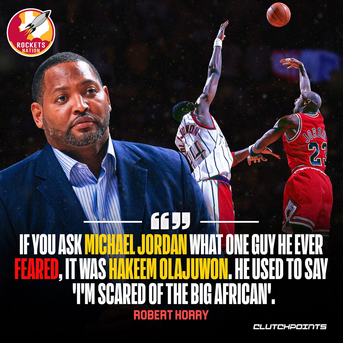 RocketsNationCP's tweet photo. Considering Hakeem Olajuwon is considered to be arguably the greatest defender in NBA history, what are your thoughts on Robert Horry’s statement? 😲 https://t.co/bF4qfc8Loh