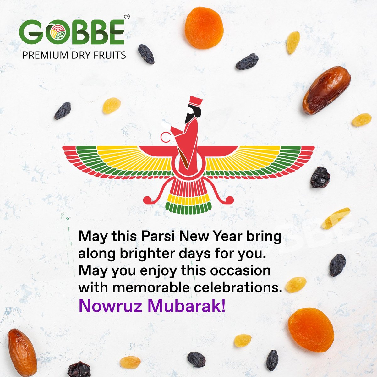 GobbeIndia's tweet photo. "Wishing you a joyous and prosperous Parsi New Year! May this day mark the beginning of new chapters filled with happiness, success, and the rich flavors of life.

#ParsiNewYear #NavrozMubarak
#GobbePremiumDryFruits #GobbeSnacking #Gobbe #DriedFruits #ParsiNewYear2023 https://t.co/Bl9FdeY2hP