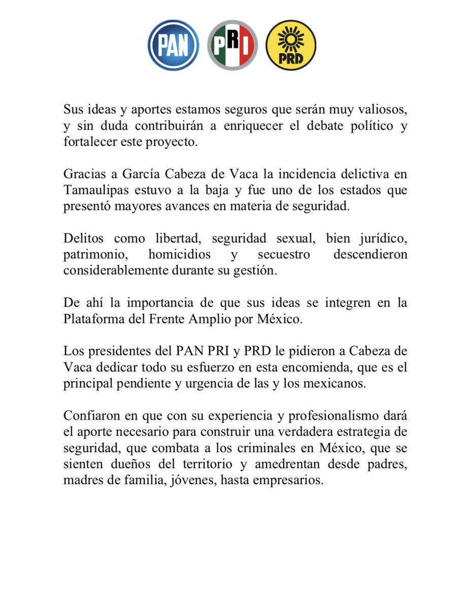 Recuperar la seguridad y la paz en el país, es tal vez el mayor reto del #FrenteAmplioporMéxico. Una meta ambiciosa, pero que con experiencia, inteligencia y firmeza se puede alcanzar.

Agradezco y acepto con orgullo la invitación de <a href="/MarkoCortes/">Marko Cortés</a>, <a href="/alitomorenoc/">Alejandro Moreno</a> y <a href="/Jesus_ZambranoG/">Jesús Zambrano</a>