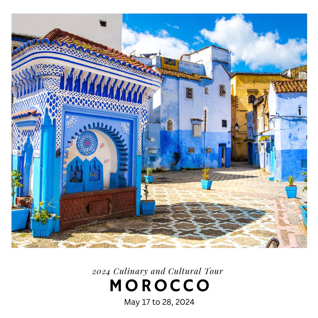 SusanChwae's tweet photo. Join us on our 2024 Eat Smart Culinary Tour to Morocco 🇲🇦 
May 17-28, 2024
https://t.co/EIjoGoVafz
#culinarytravel #foodie #travelmorocco #eatsmart https://t.co/ov7QCwbFwx