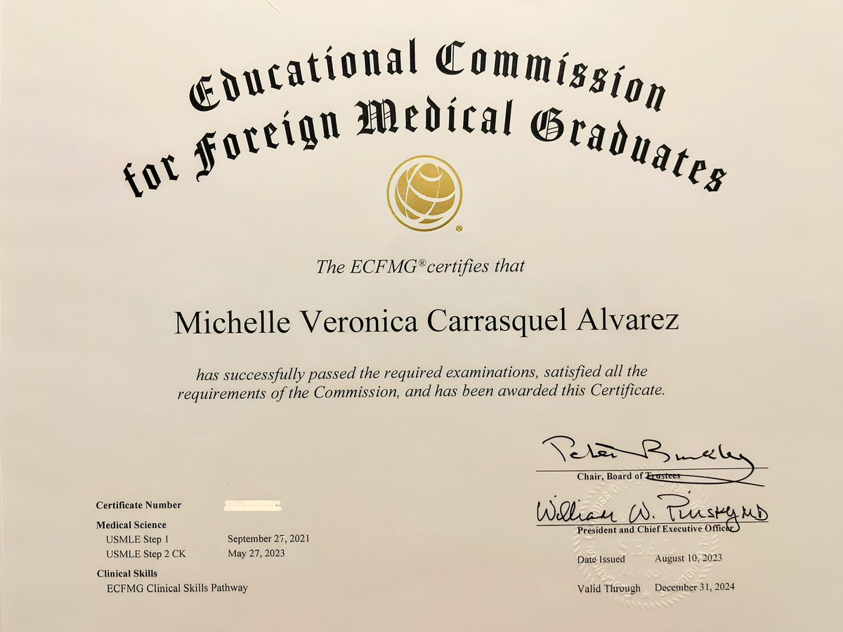 MVCarrasquel's tweet photo. I’m delighted to share the news of my ECFMG certification accomplishment. The fruition of my diligent efforts marks a significant stride forward on my journey. Looking ahead to #Match2024, #InternalMedicine, I’m eager to continue progressing and contributing to the medical field. https://t.co/Lf7kio1yG6