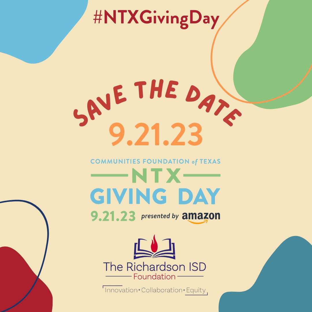 RISD_Foundation's tweet photo. 🗓️ Mark your calendars for the BIG day: #NTXGivingDay2023! 
Join us in supporting the @RISD_Foundation &amp; its mission to empower students &amp; educators.
 
Let's come together &amp; make an impact! 📚🎓 @RichardsonISD

#NTxGivingDay2023 #RISDFoundation #EmpowerEducation #BrighterFutures https://t.co/56GgcpxGEY