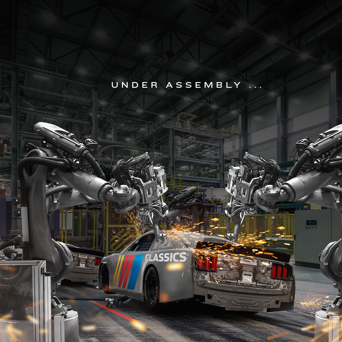 A graphic featuring a stock car being worked on in the middle of an assembly line. The graphic has text that reads: "Under Assembly ... " 