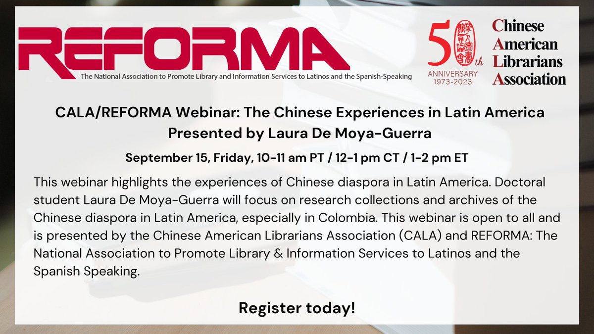 reformanational's tweet photo. We've partnered with @CalaNational to present a webinar highlighting the experiences of the Chinese diaspora in Latin America.

Register and learn more about our speaker, Laura De Moya-Guerra: https://t.co/BUsvnqVZB4 https://t.co/hsApvLWLd8